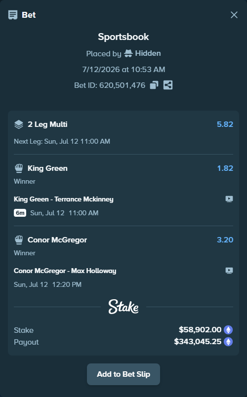 Bet slip: King Green - Terrance Mckinney, $62,496.12 stake at 1.82 odds, placed by Hidden