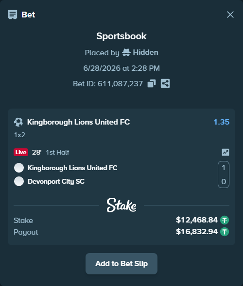 Bet slip: Kingborough Lions United FC - Devonport City SC, $12,481.31 stake at 1.35 odds, placed by Hidden