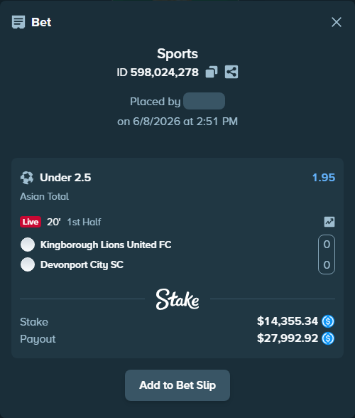 Bet slip: Kingborough Lions United FC - Devonport City SC, $14,355.34 stake at 1.95 odds, placed by AsTraL11