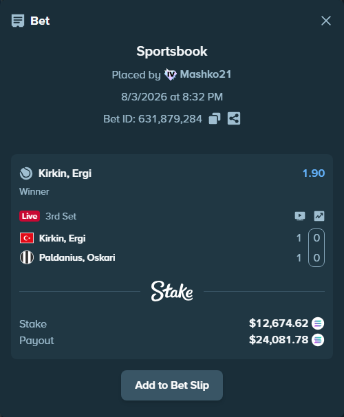 Bet slip: Kirkin, Ergi - Paldanius, Oskari, $12,701.48 stake at 1.90 odds, placed by Mashko21