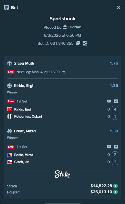Bet slip: Kirkin, Ergi - Paldanius, Oskari, $14,837.10 stake at 1.35 odds, placed by Hidden