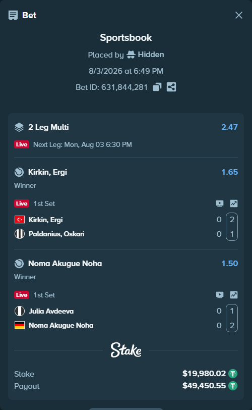 Bet slip: Kirkin, Ergi - Paldanius, Oskari, $20,000.00 stake at 1.65 odds, placed by Hidden