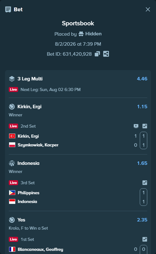 Bet slip: Kirkin, Ergi - Szymkowiak, Kacper, $10,000.00 stake at 1.15 odds, placed by Hidden