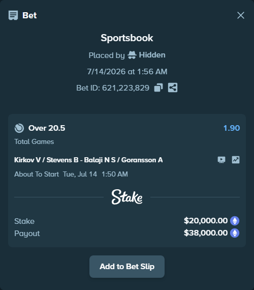 Bet slip: Kirkov V / Stevens B - Balaji N S / Goransson A, $21,414.43 stake at 1.90 odds, placed by Hidden
