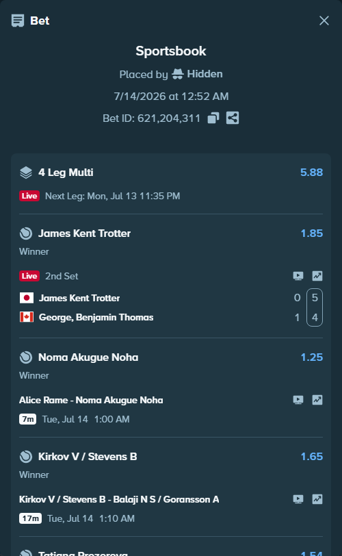 Bet slip: Kirkov V / Stevens B - Balaji N S / Goransson A, $32,000.00 stake at 1.65 odds, placed by Hidden