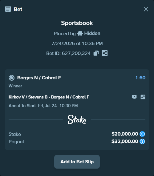 Bet slip: Kirkov V / Stevens B - Borges N / Cabral F, $20,000.00 stake at 1.60 odds, placed by Hidden