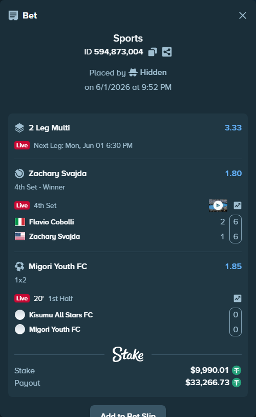 Bet slip: Kisumu All Stars FC - Migori Youth FC, $10,000.00 stake at 1.85 odds, placed by Hidden