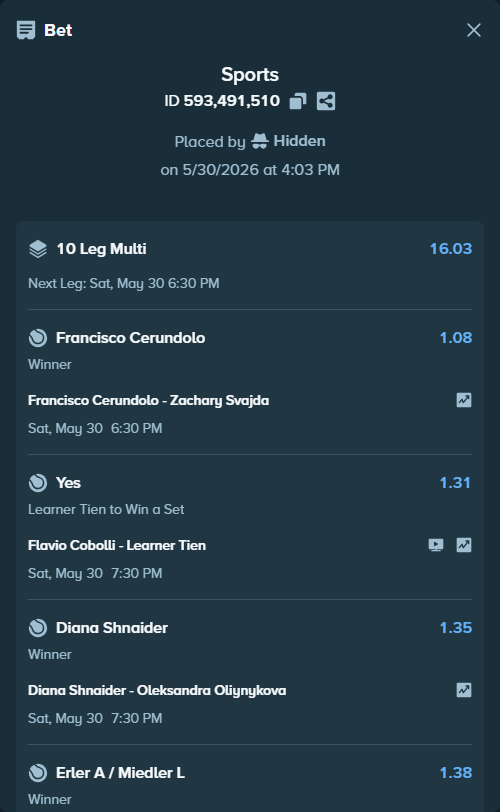 Bet slip: Kittay B / Ram R - Erler A / Miedler L, $10,010.00 stake at 1.38 odds, placed by Hidden