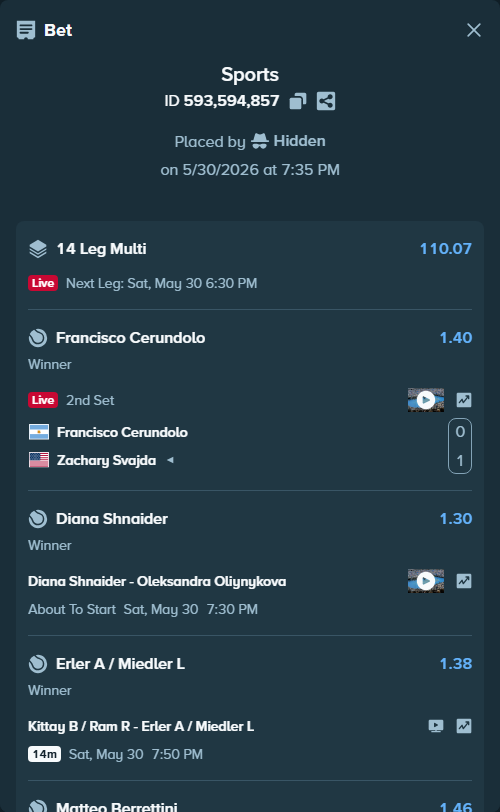 Bet slip: Kittay B / Ram R - Erler A / Miedler L, $10,598.00 stake at 1.38 odds, placed by Hidden