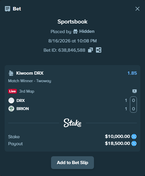 Bet slip: Kiwoom DRX - BRION, $10,000.00 stake at 1.85 odds, placed by Hidden