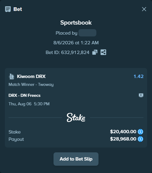 Bet slip: Kiwoom DRX - DN SOOPers, $20,400.00 stake at 1.42 odds, placed by kievpanda