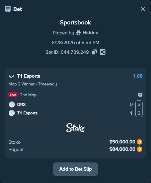 Bet slip: Kiwoom DRX - T1 Esports, $49,853.78 stake at 1.68 odds, placed by Hidden