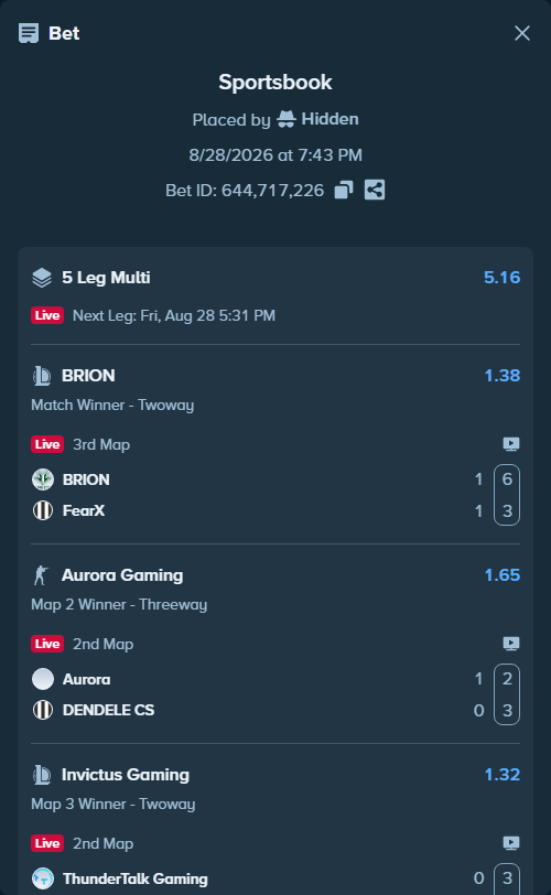 Bet slip: Kiwoom DRX - T1 Esports, $60,305.56 stake at 1.32 odds, placed by Hidden