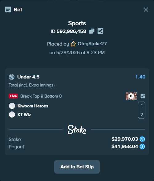 Bet slip: Kiwoom Heroes - KT Wiz, $30,000.00 stake at 1.40 odds, placed by OlegStake27