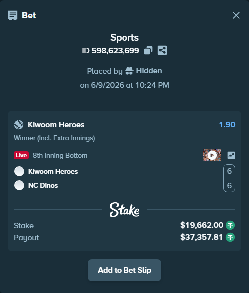 Bet slip: Kiwoom Heroes - NC Dinos, $19,662.00 stake at 1.90 odds, placed by Hidden
