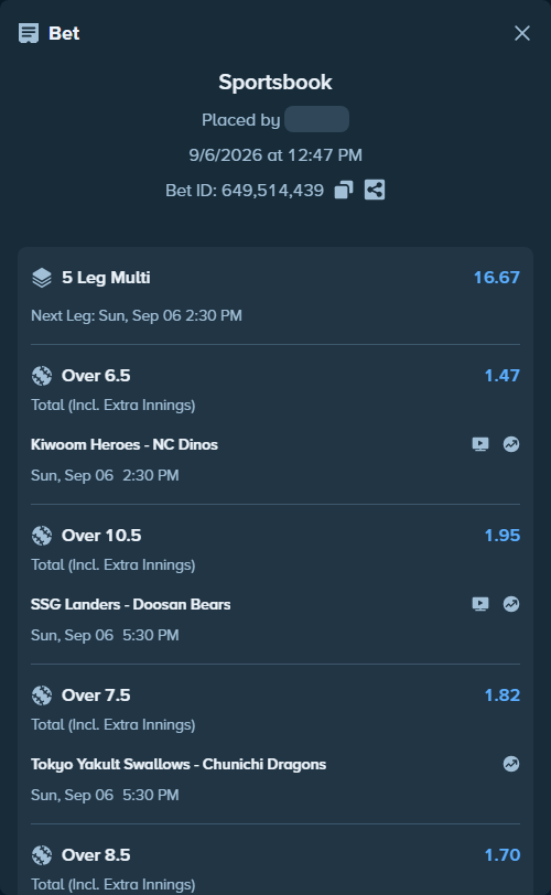 Bet slip: Kiwoom Heroes - NC Dinos, $25,998.63 stake at 1.47 odds, placed by 손오천