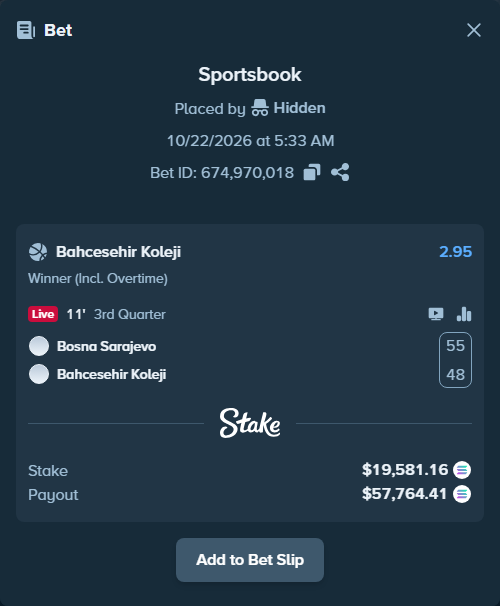 Bet slip: KK Bosna Royal Sarajevo - Bahcesehir Koleji, $19,430.67 stake at 2.95 odds, placed by Prettylfacko98
