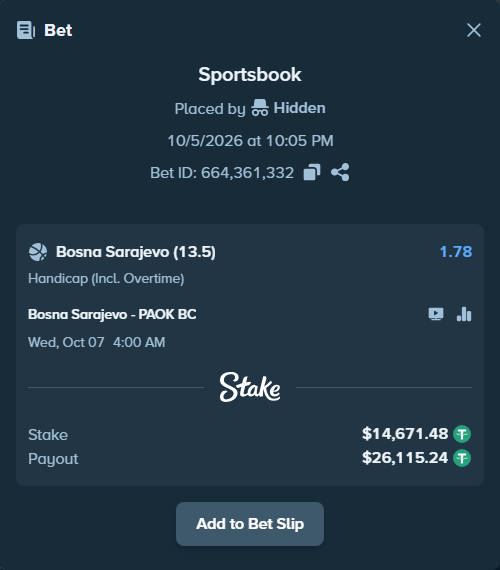 Bet slip: KK Bosna Royal Sarajevo - PAOK BC, $14,671.48 stake at 1.78 odds, placed by Hidden