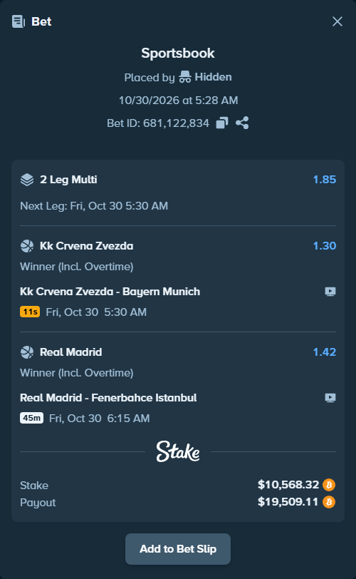 Bet slip: KK Crvena zvezda Belgrade - Bayern Munich, $10,111.75 stake at 1.30 odds, placed by Hidden