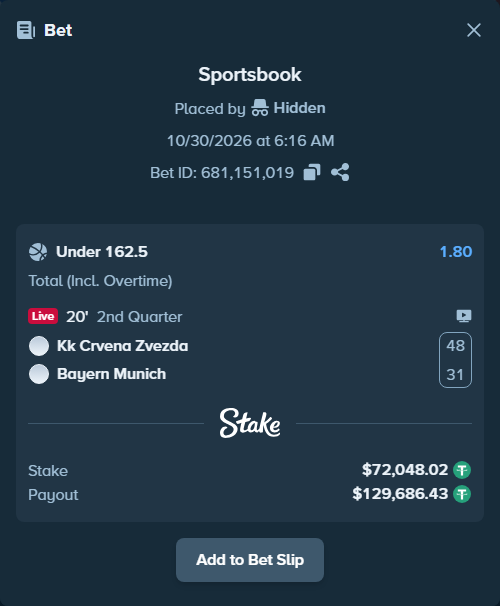 Bet slip: KK Crvena zvezda Belgrade - Bayern Munich, $72,120.06 stake at 1.80 odds, placed by Hidden