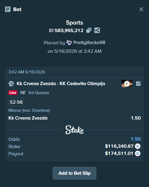 Bet slip: KK Crvena zvezda Belgrade - KK Cedevita Olimpija Ljubljana, $94,681.02 stake at 1.50 odds, placed by Prettylfacko98