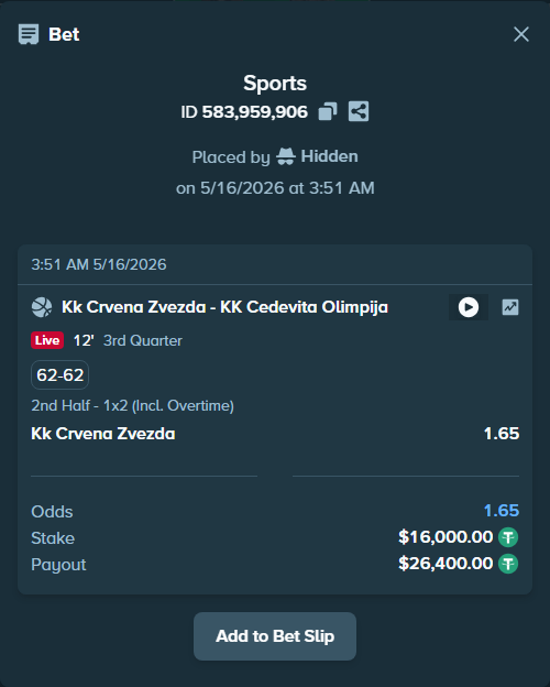Bet slip: KK Crvena zvezda Belgrade - KK Cedevita Olimpija Ljubljana, $16,000.00 stake at 1.65 odds, placed by Hidden