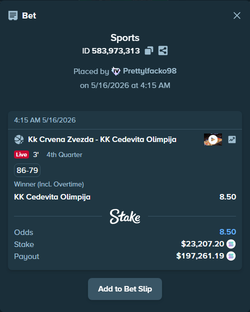 Bet slip: KK Crvena zvezda Belgrade - KK Cedevita Olimpija Ljubljana, $18,937.52 stake at 8.50 odds, placed by Prettylfacko98
