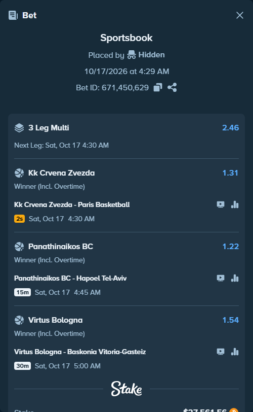 Bet slip: KK Crvena zvezda Belgrade - Paris Basketball, $27,621.63 stake at 1.31 odds, placed by Hidden