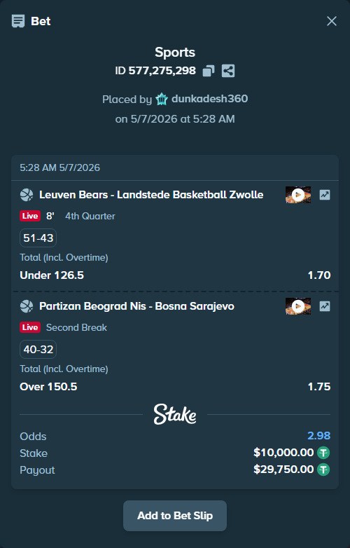 Bet slip: KK Partizan Belgrade - KK Bosna Royal Sarajevo, $10,000.00 stake at 1.75 odds, placed by dunkadesh360