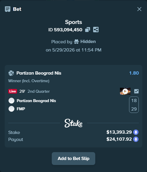 Bet slip: KK Partizan Belgrade - KK FMP Belgrade, $11,639.67 stake at 1.80 odds, placed by Hidden