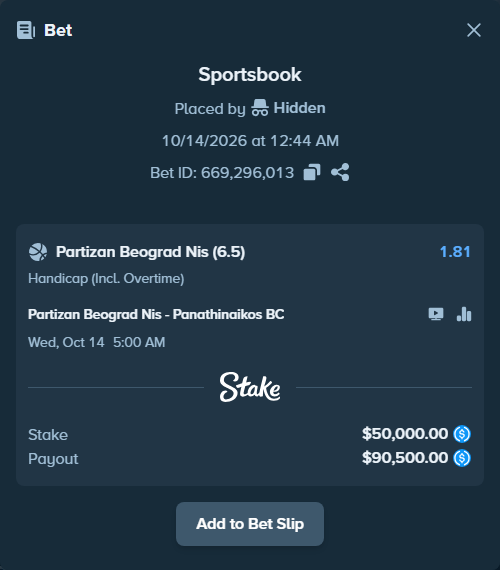 Bet slip: KK Partizan Belgrade - Panathinaikos BC, $50,000.00 stake at 1.81 odds, placed by Hidden