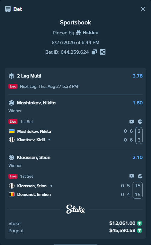 Bet slip: Klaassen, Stian - Demanet, Emilien, $12,061.00 stake at 2.10 odds, placed by Hidden