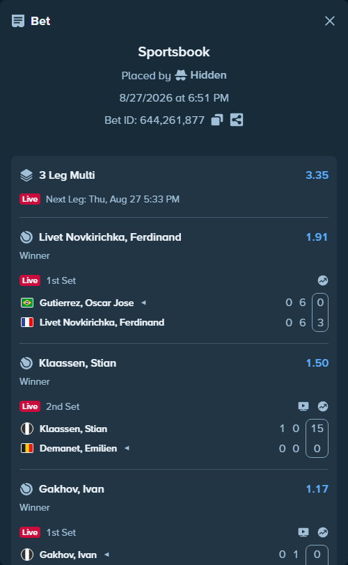 Bet slip: Klaassen, Stian - Demanet, Emilien, $30,000.00 stake at 1.50 odds, placed by Hidden