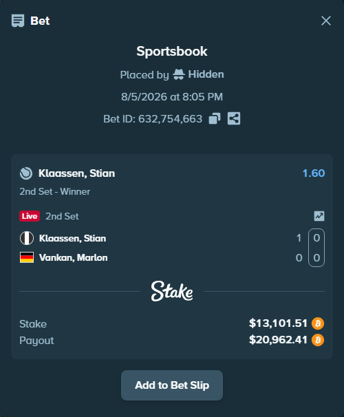 Bet slip: Klaassen, Stian - Vankan, Marlon, $13,138.34 stake at 1.60 odds, placed by Hidden