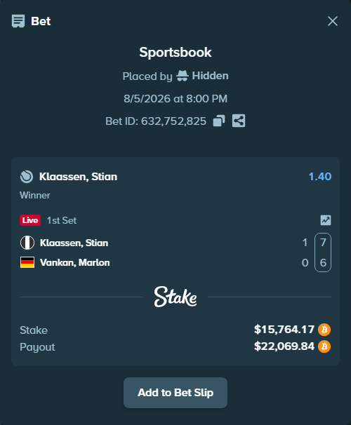 Bet slip: Klaassen, Stian - Vankan, Marlon, $15,818.63 stake at 1.40 odds, placed by Hidden