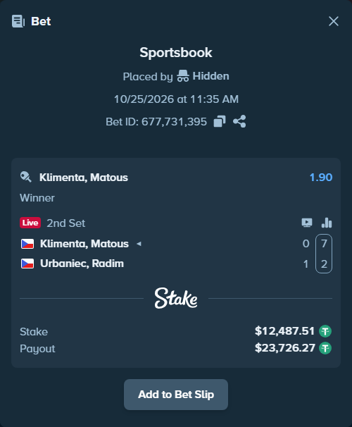 Bet slip: Klimenta, Matous - Urbaniec, Radim, $12,500.00 stake at 1.90 odds, placed by Hidden