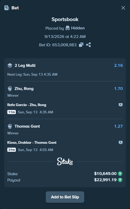 Bet slip: Klose, Drakkar - Thomas Gant, $10,649.00 stake at 1.27 odds, placed by Hidden