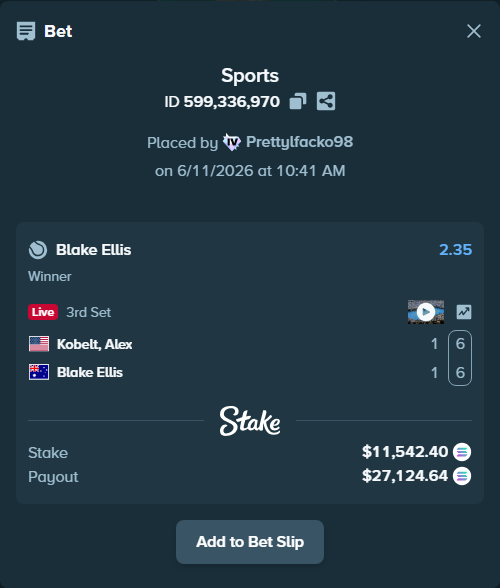 Bet slip: Kobelt, Alex - Blake Ellis, $13,319.99 stake at 2.35 odds, placed by Prettylfacko98