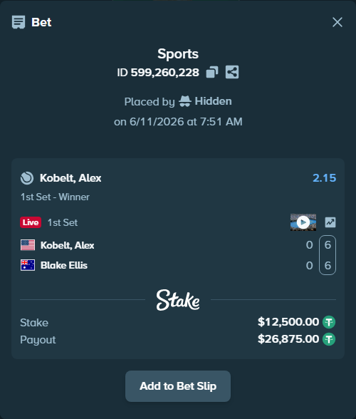 Bet slip: Kobelt, Alex - Blake Ellis, $12,512.50 stake at 2.15 odds, placed by Hidden