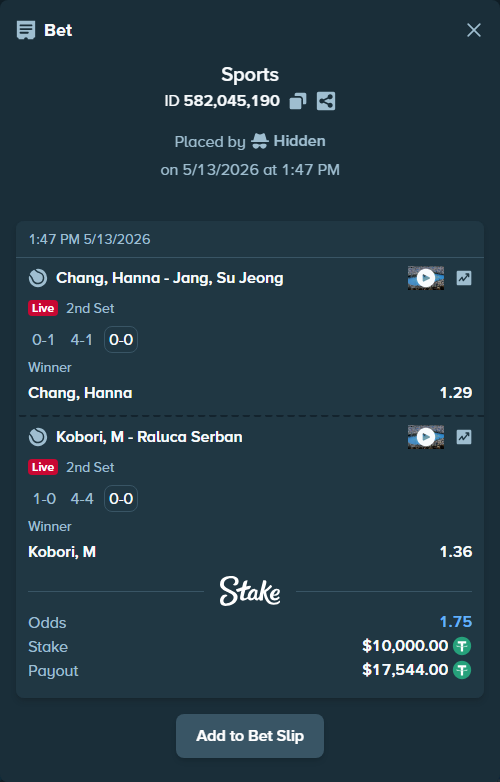 Bet slip: Kobori, M - Raluca Serban, $10,000.00 stake at 1.36 odds, placed by Hidden