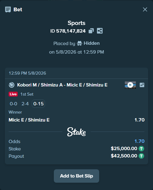 Bet slip: Kobori M / Shimizu A - Micic E / Shimizu E, $25,000.00 stake at 1.70 odds, placed by Hidden