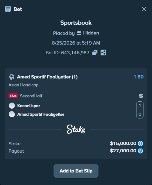 Bet slip: Kocaelispor - Amed Sportif Faaliyetler, $15,000.00 stake at 1.80 odds, placed by Hidden