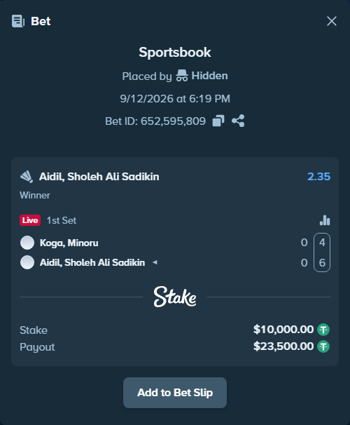Bet slip: Koga, Minoru - Aidil, Sholeh, $10,000.00 stake at 2.35 odds, placed by Hidden