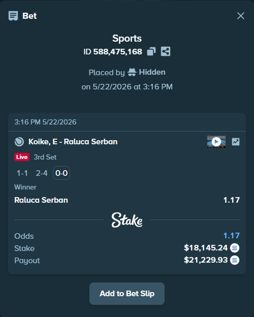 Bet slip: Koike, E - Raluca Serban, $15,331.81 stake at 1.17 odds, placed by Hidden