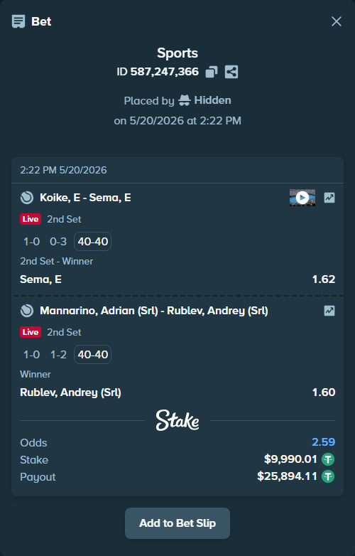 Bet slip: Koike, E - Sema, E, $10,000.00 stake at 1.62 odds, placed by Hidden