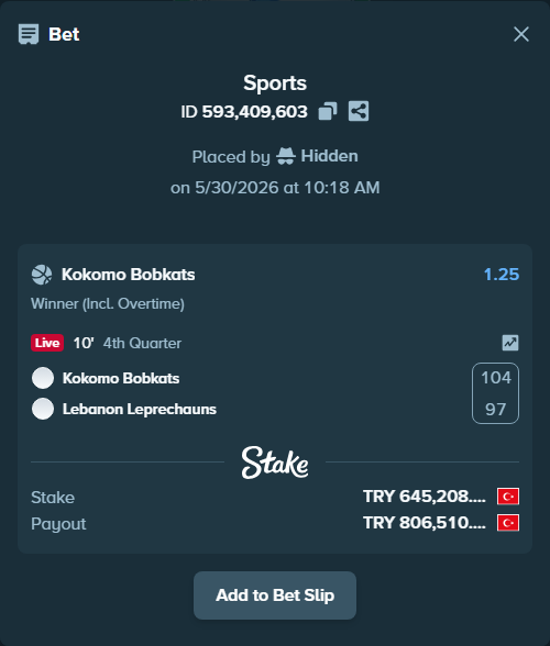 Bet slip: Kokomo Bobkats - Lebanon Leprechauns, $19,356.25 stake at 1.25 odds, placed by Hidden