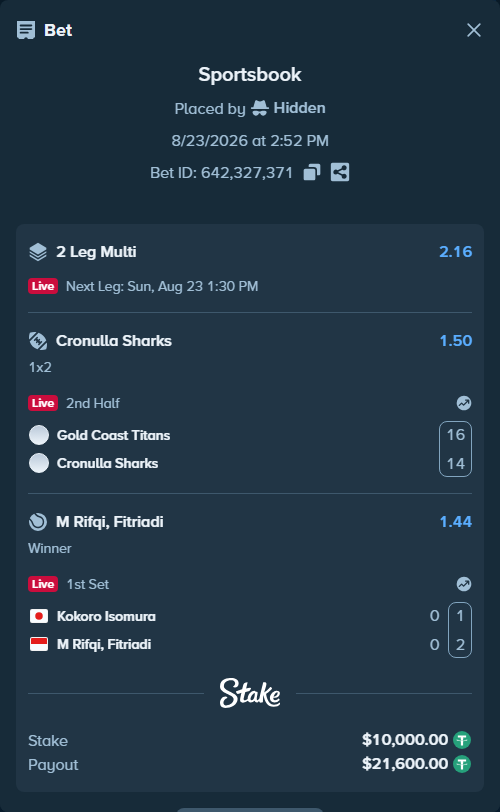 Bet slip: Kokoro Isomura - Fitriadi, M Rifqi, $10,000.00 stake at 1.44 odds, placed by Hidden