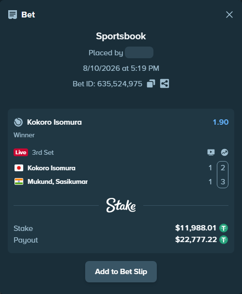 Bet slip: Kokoro Isomura - Mukund, Sasikumar, $12,000.00 stake at 1.90 odds, placed by diomancy