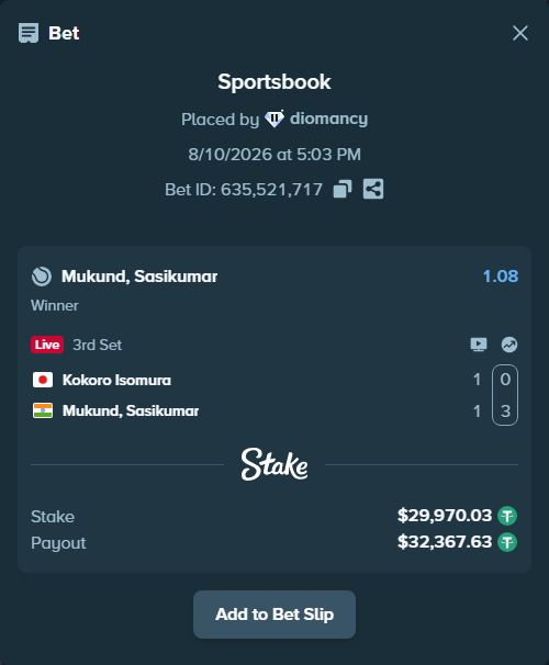 Bet slip: Kokoro Isomura - Mukund, Sasikumar, $30,000.00 stake at 1.08 odds, placed by diomancy