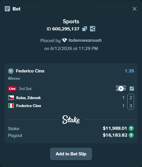 Bet slip: Kolar, Zdenek - Federico Cina, $12,000.00 stake at 1.35 odds, placed by fadennesaroush